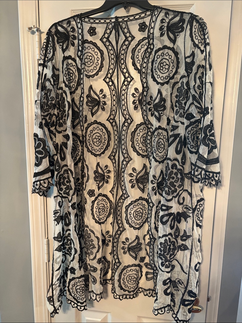 LANE BRYANT White Mesh Open Duster with Black Embroidered Floral Pattern